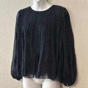 NWT Unsubscribed Chiffon Silk Pintuck Blouse Navy Silver Longsleeve Size 2